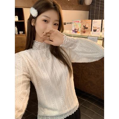 Apricot Half-high Collar Lace Mesh Design Long-sleeved T-shirt Women's Autumn and Winter Brushed Thickened Warm Inner Base Top