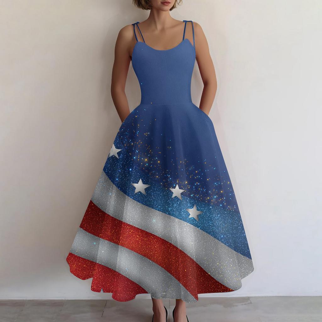 Damen Lässiges Mode Unabhängigkeitstag Druck Schulterfrei Ärmellos Kleid