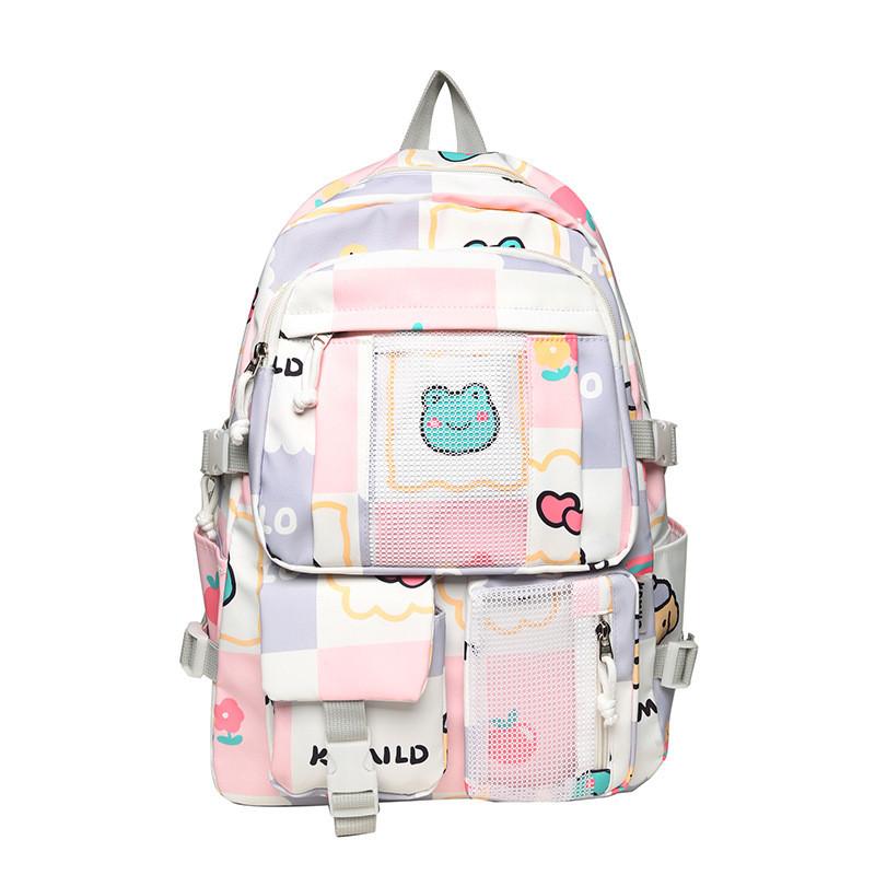 Cute Cartoon Frog Flower Bear Strawberry Pattern Student Backpack For School And Daily Use фиолетовый