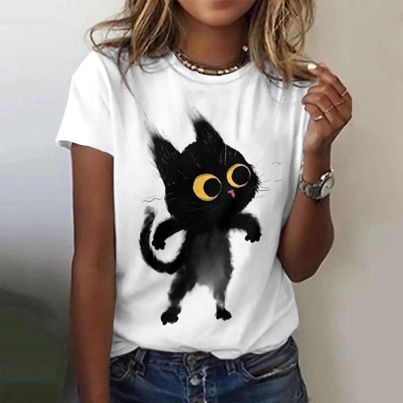 Summer Street Women's Casual T-Shirt Paired With 3d Printed Small Black Cat Pattern Top Casual Round Neck Short Sleeved T-Shirt