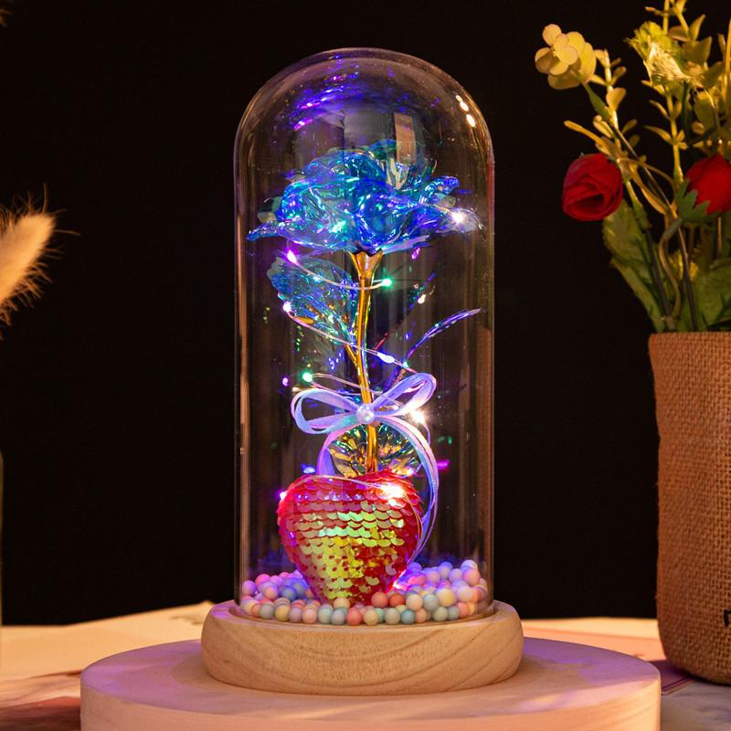 Love glass cover gold leaf flower ornament, creative mother's Valentine's Day gift, luminous simulated rose bouquet