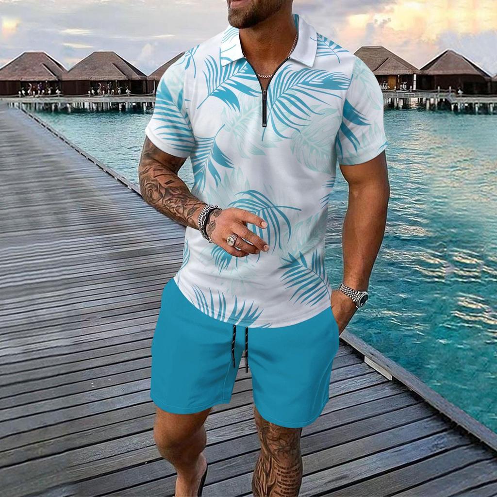 2025 Men's Beach Digital Print Zipper Polo & Shorts Set