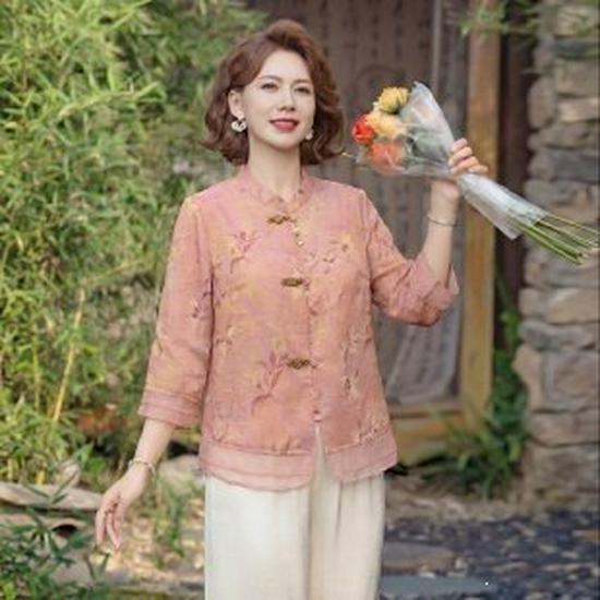 Mom s 2026 Elegant Seven-Sleeve Summer Shirt for Middle-Aged Women 2XL розовый