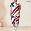 Women Plus Size Patriotic Eagle And Stripe Print Scrub Set Short Sleeve V Neck Top And Wide Long Pants Medical Uniform