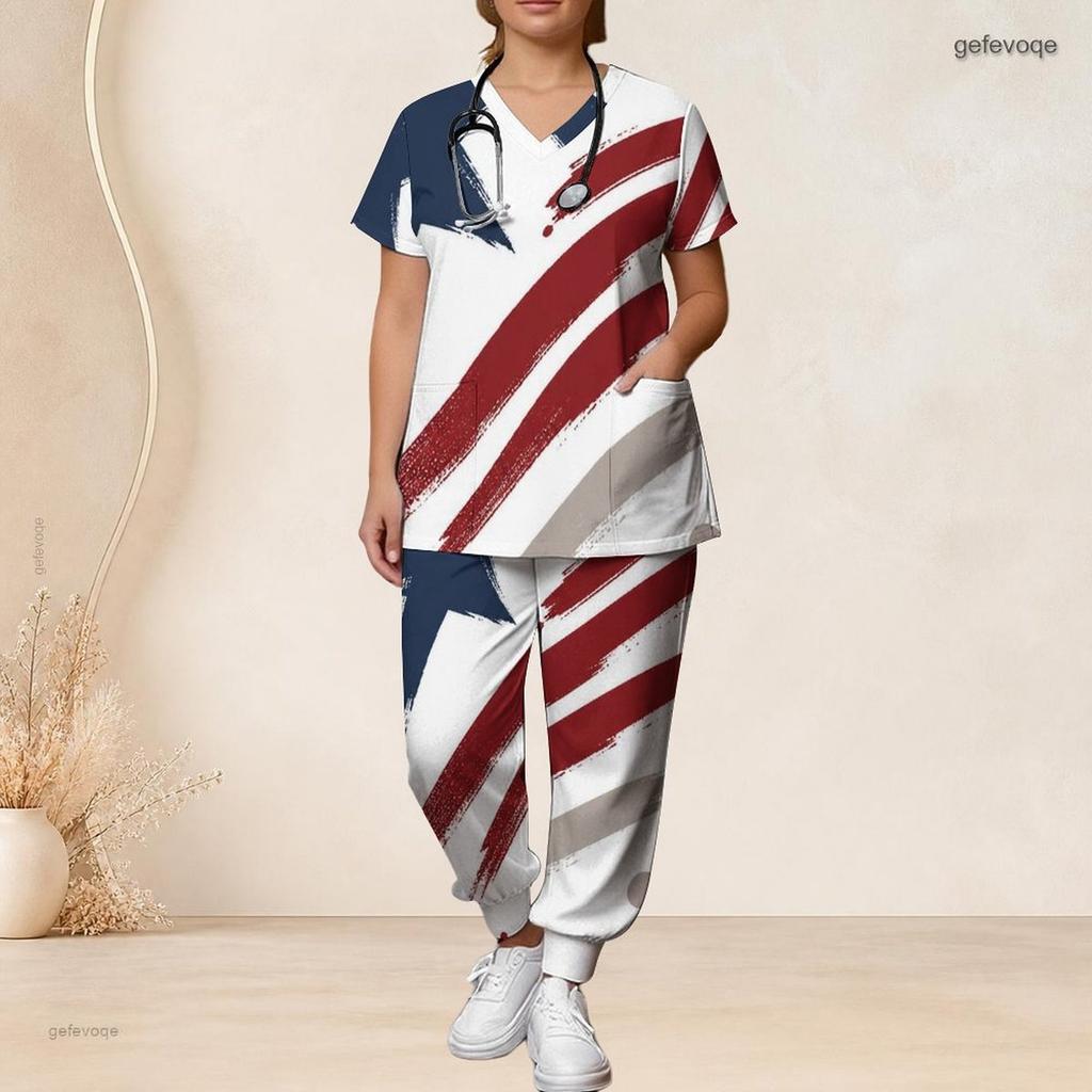 Women Plus Size Patriotic Eagle And Stripe Print Scrub Set Short Sleeve V Neck Top And Wide Long Pants Medical Uniform