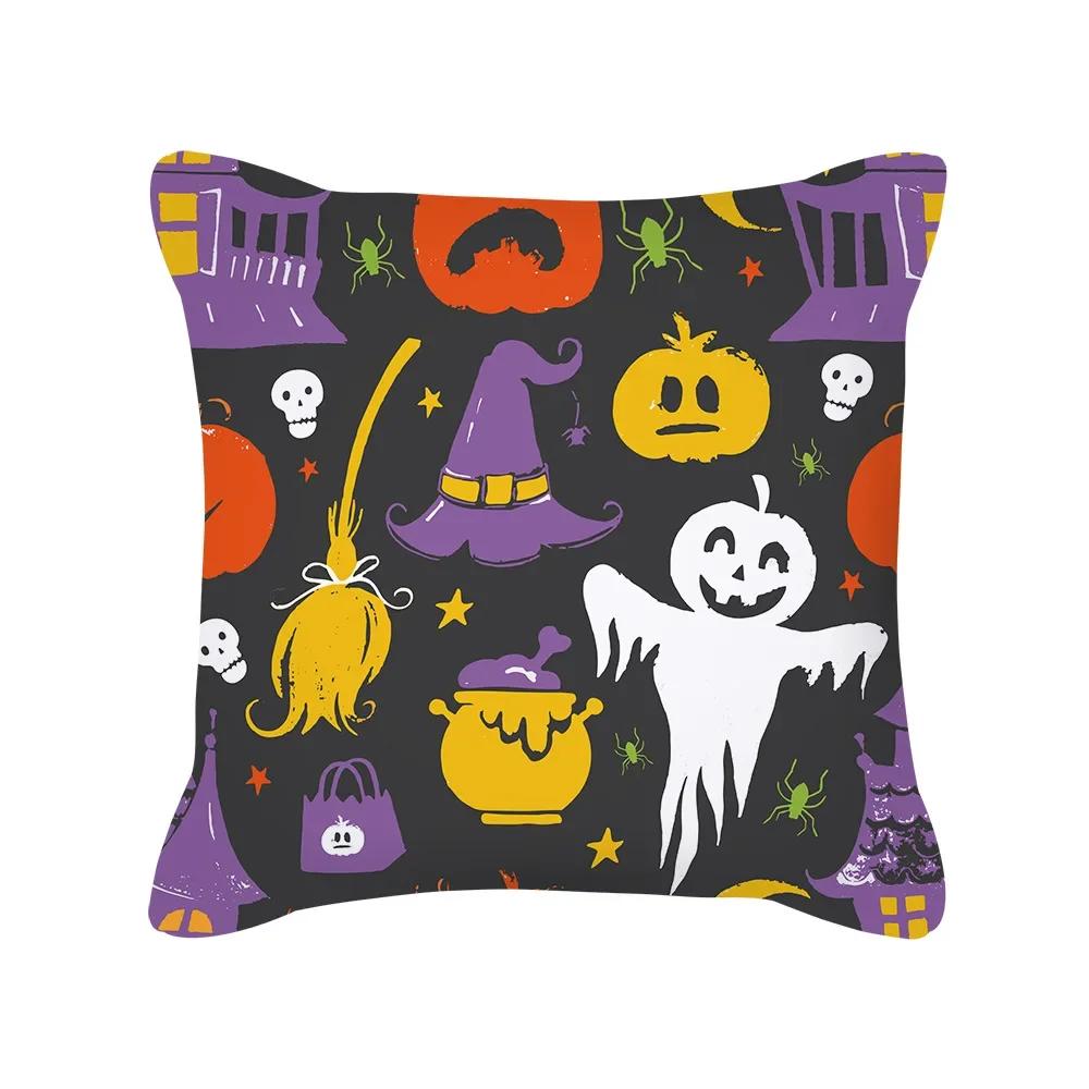 Halloween Cartoon Black Cat Ghost Pumpkin Print Cushion Cover For Home Living Room Sofa Decoration Square Pillowcase