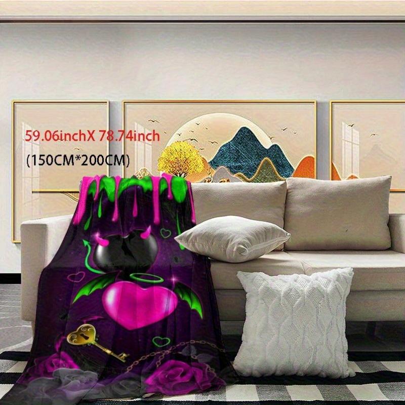 1pc Vibrant Heart & Key Design Flannel Blanket - Soft, Warm, All-Season Throw with Glittery Pink Hearts, Green Leaves, and Golde