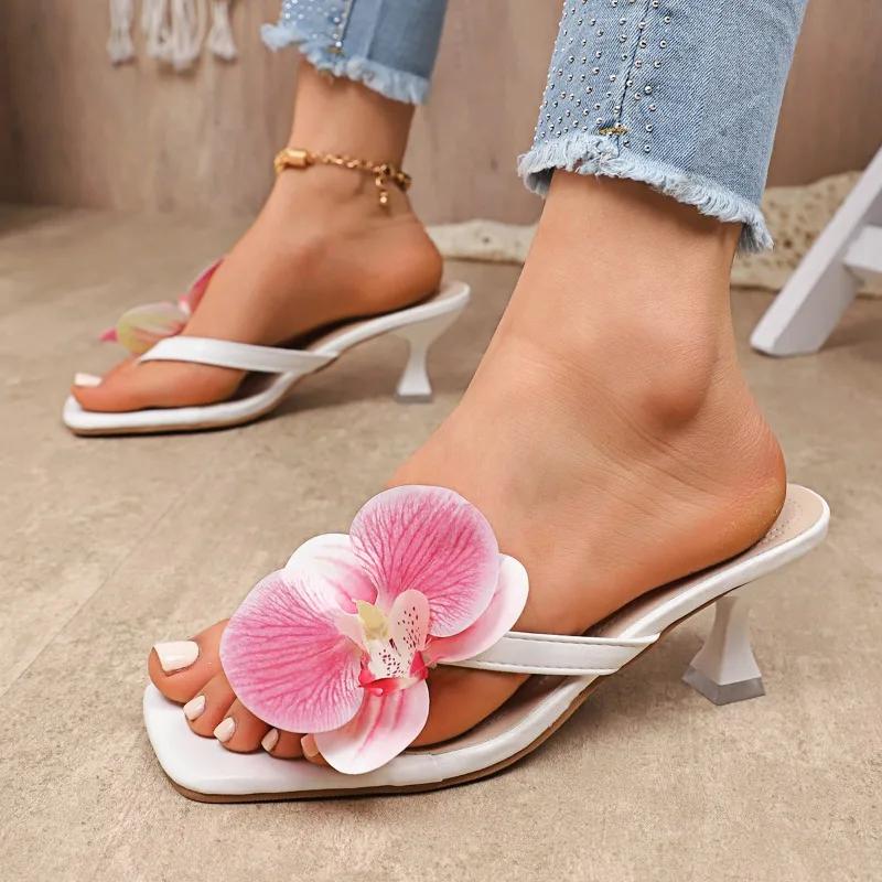 Fashion 2025 Summer Plus Size Women's Slippers Floral Thin Heel Flip-Flops Women's Wide Fit Light Weight Dressy Sandals High Heelzapatos
