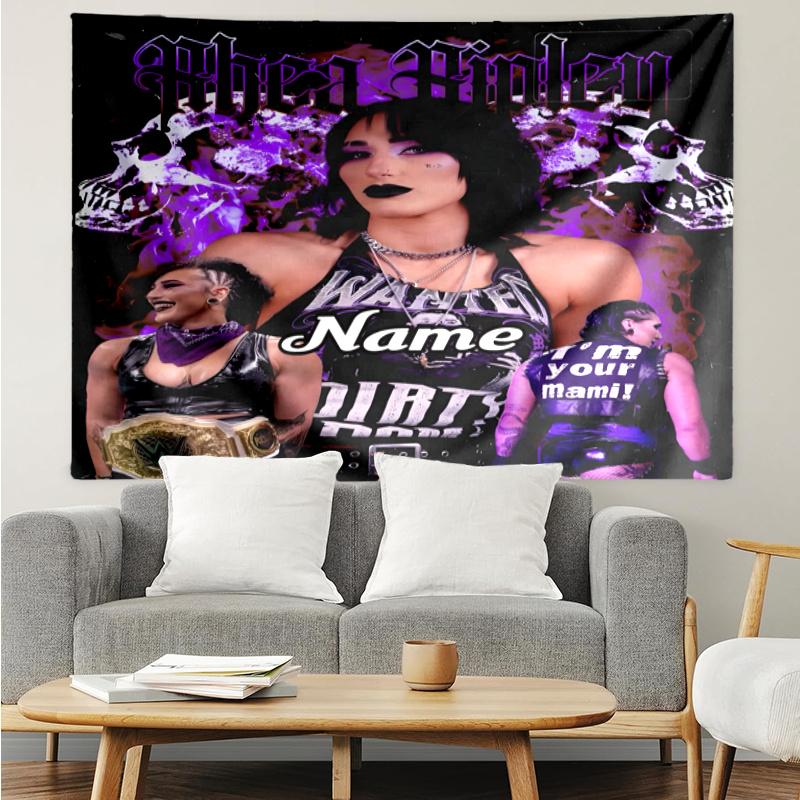 1PC Custom Name Dark Beauty Rhea Ripley Tapestry Hanging for Bedroom,Livingroom, Playroom,Decor Art Room Wall Tapestry Birthday Gifts