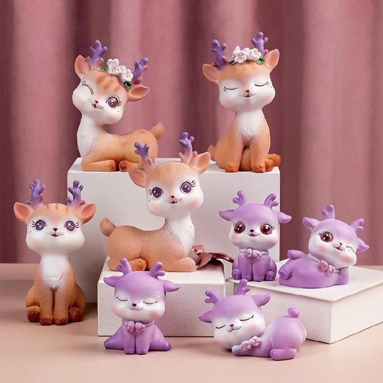 Mini Reindeer Statue Cartoon Fawn Elk Pattern Figurine Animal Cake Topper Desk