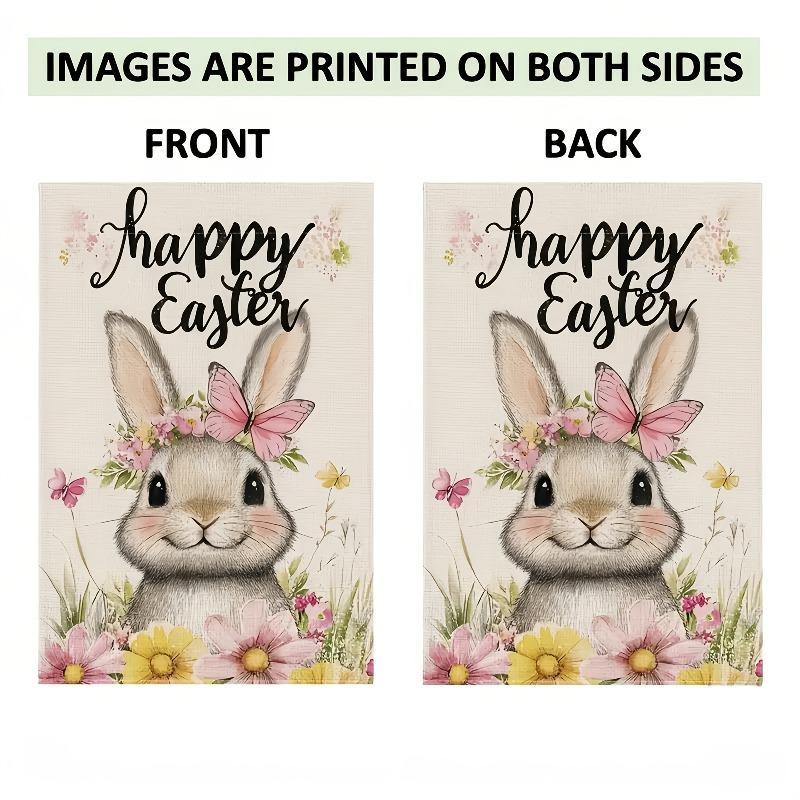 Happy Easter Bunny Garden Flag, Double-Sided Polyester, with Cute Rabbit & Floral Design, for Outdoor & Indoor Decor, Yard, Home