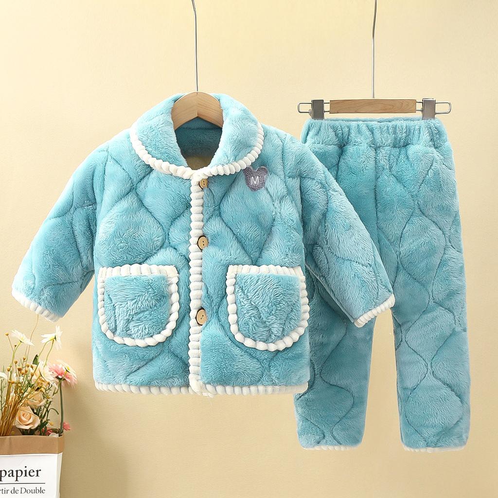 Children's Pajamas Set Thickened Winter Big Children's Flannel Boys and Girls Three-layer Thickened Warm Home Service Children's Clothing