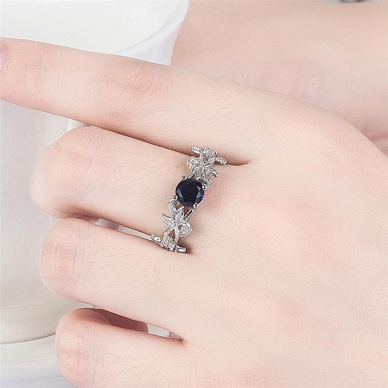 New Women's Silver Plated Olive Leaf Engagement Ring with Blue Pink Green Cubic Zirconia Wedding Band Jewelry