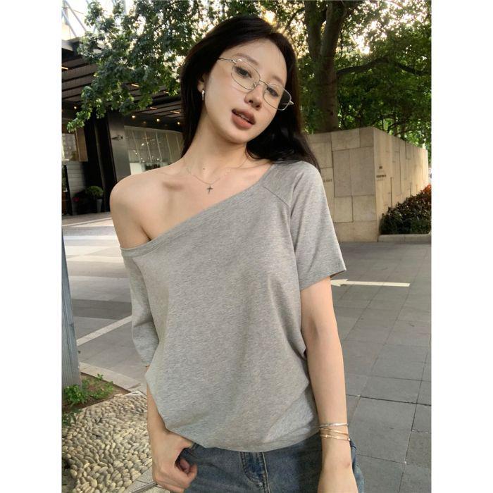 Damen Off-Shoulder Graues Kurzarm-T-Shirt - Lässig, Locker und Einfaches Sommeroberteil