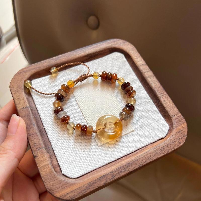 Natural Crystal Safety Buckle Beaded Bracelet For Women Adjustable Braided Rope Retro Brown Healing Stone Lucky Charm Jewelry Holiday Daily Wear Gift