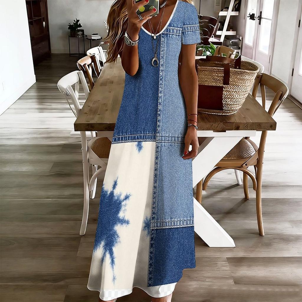 Women Plus Size V Neck Short Sleeve Printed Blue Straight Maxi Dress