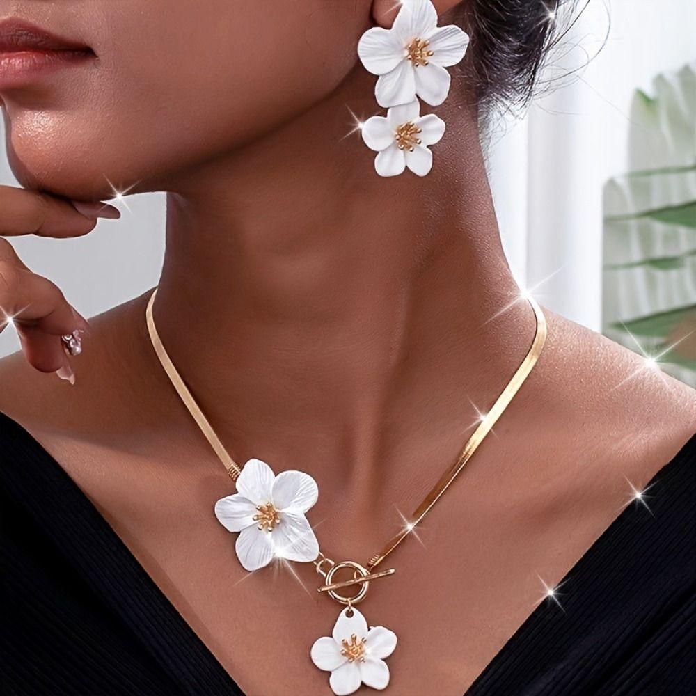 Bohemian Style Flower Necklace Earrings Snake Chain Pendant Jewelry Gifts Metal Jewelry Set  Women