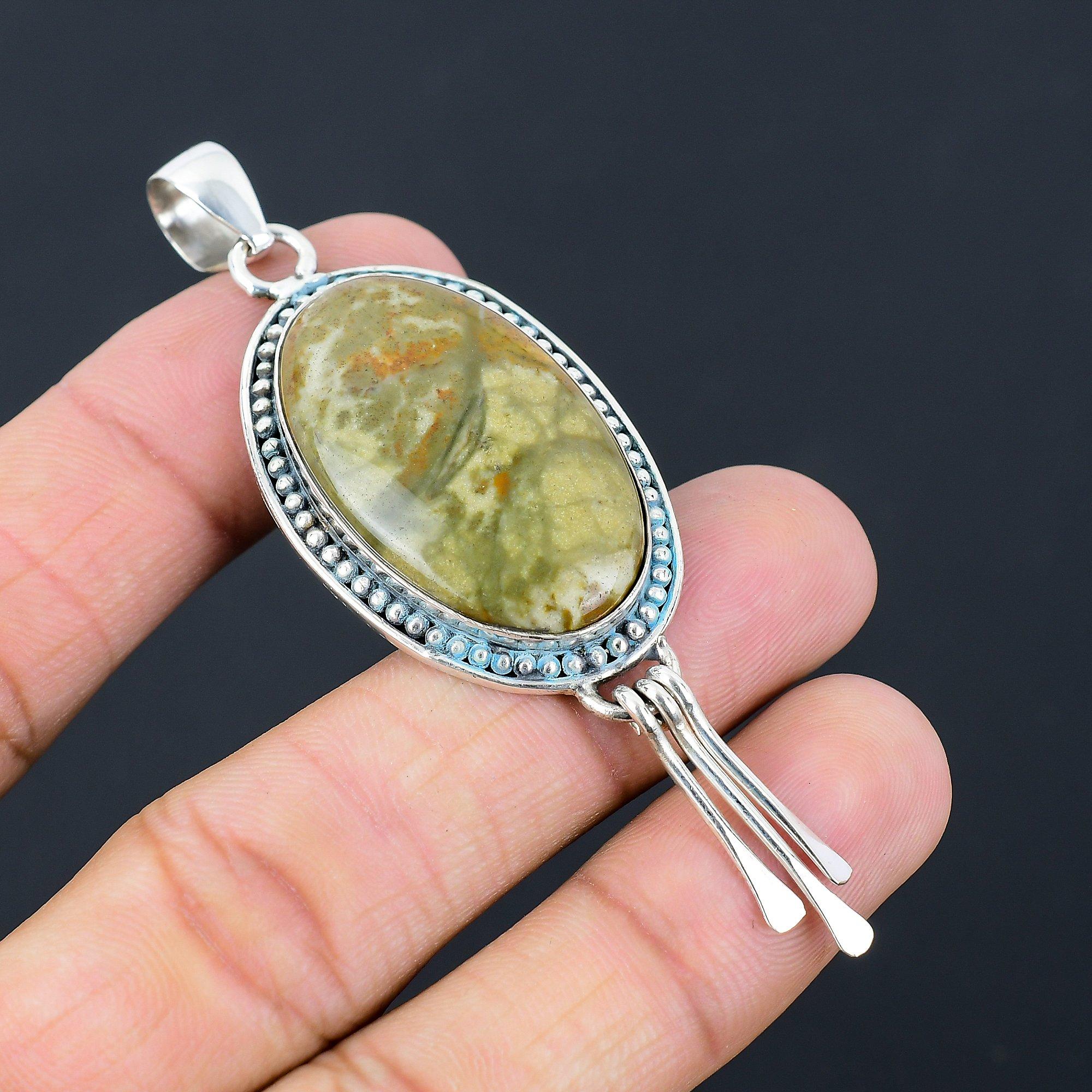 925 Sterling Silver Oval Rainforest Jasper Gemstone Engagement Pendant Jewelry