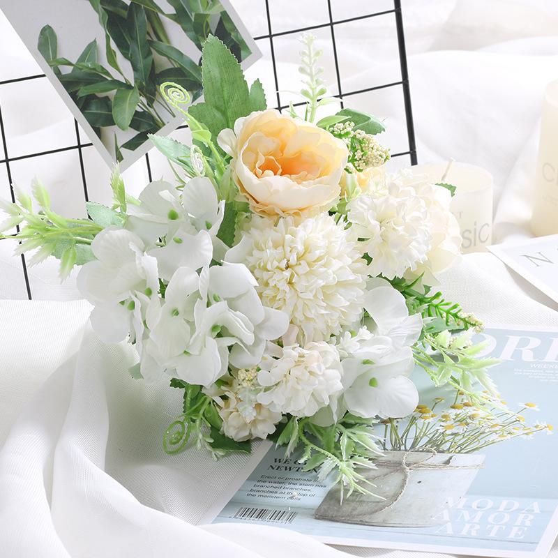 1Pc Artificial Flowers Wedding Home Bedroom Decoration Bridal Bouquet Garden Fake Silk Roses Hydrangeas Vase For Board Outdoors