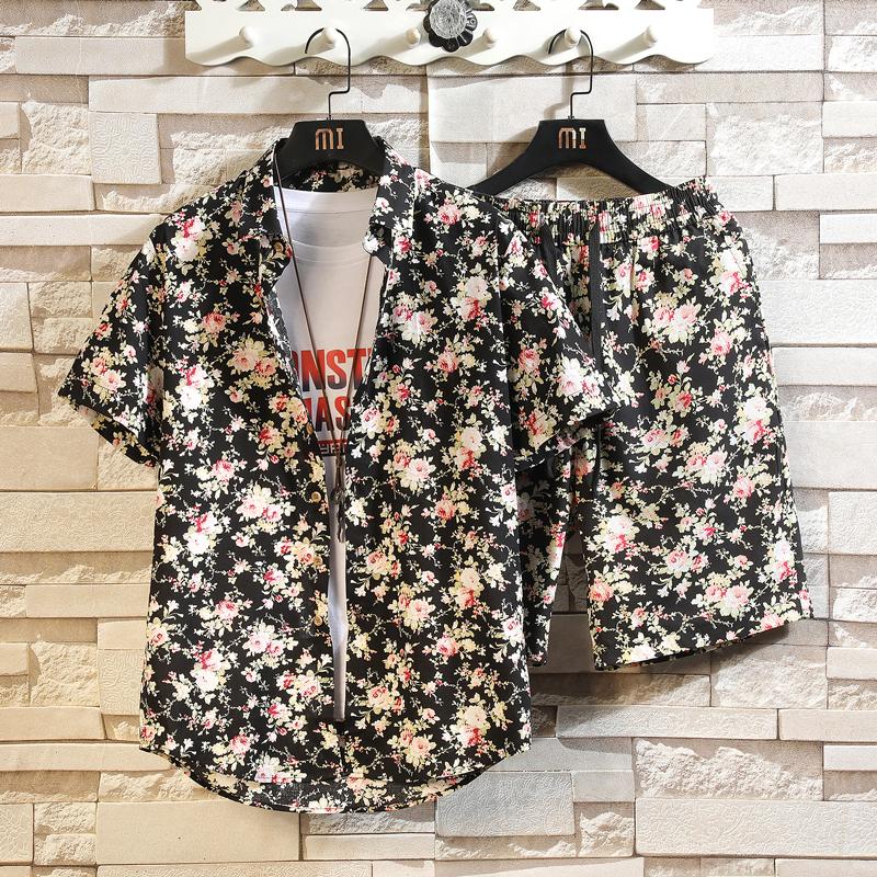 2026 Men's Cotton Beach Vacation Set, Shirt with Matching Drawstring Shorts, 11 Print Options Stylish Summer Suits, Asian Size