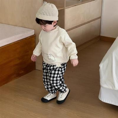 2025 Herbst Kinder Koreanischer Stil Jungen Bedrucktes Langarm-T-Shirt & Karohose Set
