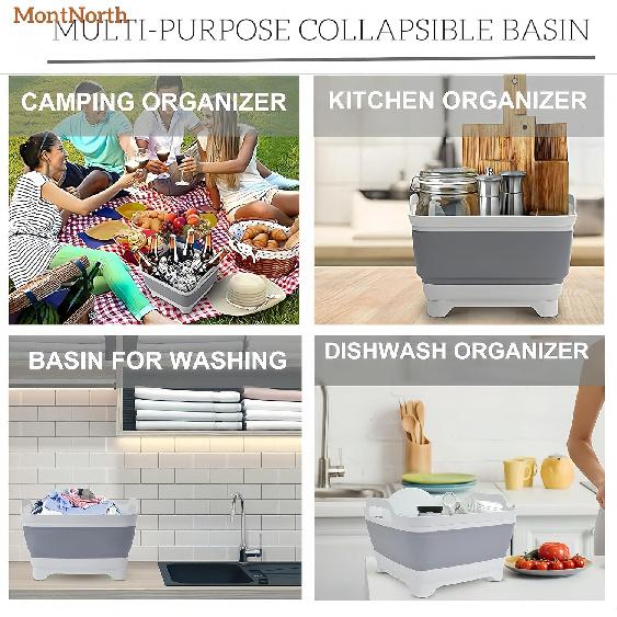 Collapsible Wash Basin 9L, Foldable Dish Tub with Drain Plug, Portable Collapsible Dish Basin, Camping Sink for Washing Dishes, Laundry & Kitchen