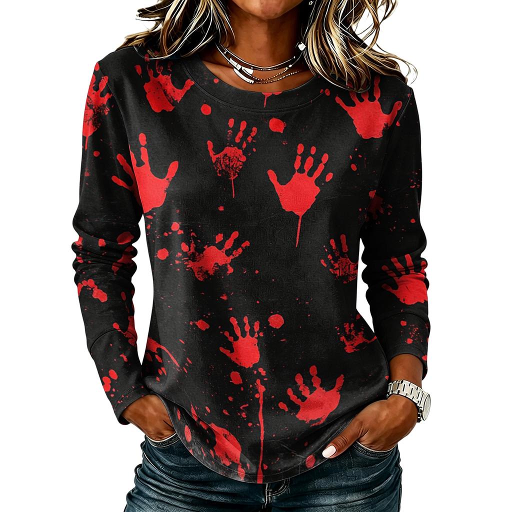 Women's Casual Round Neck Long Sleeve Top with Halloween Print for Festive Occasions