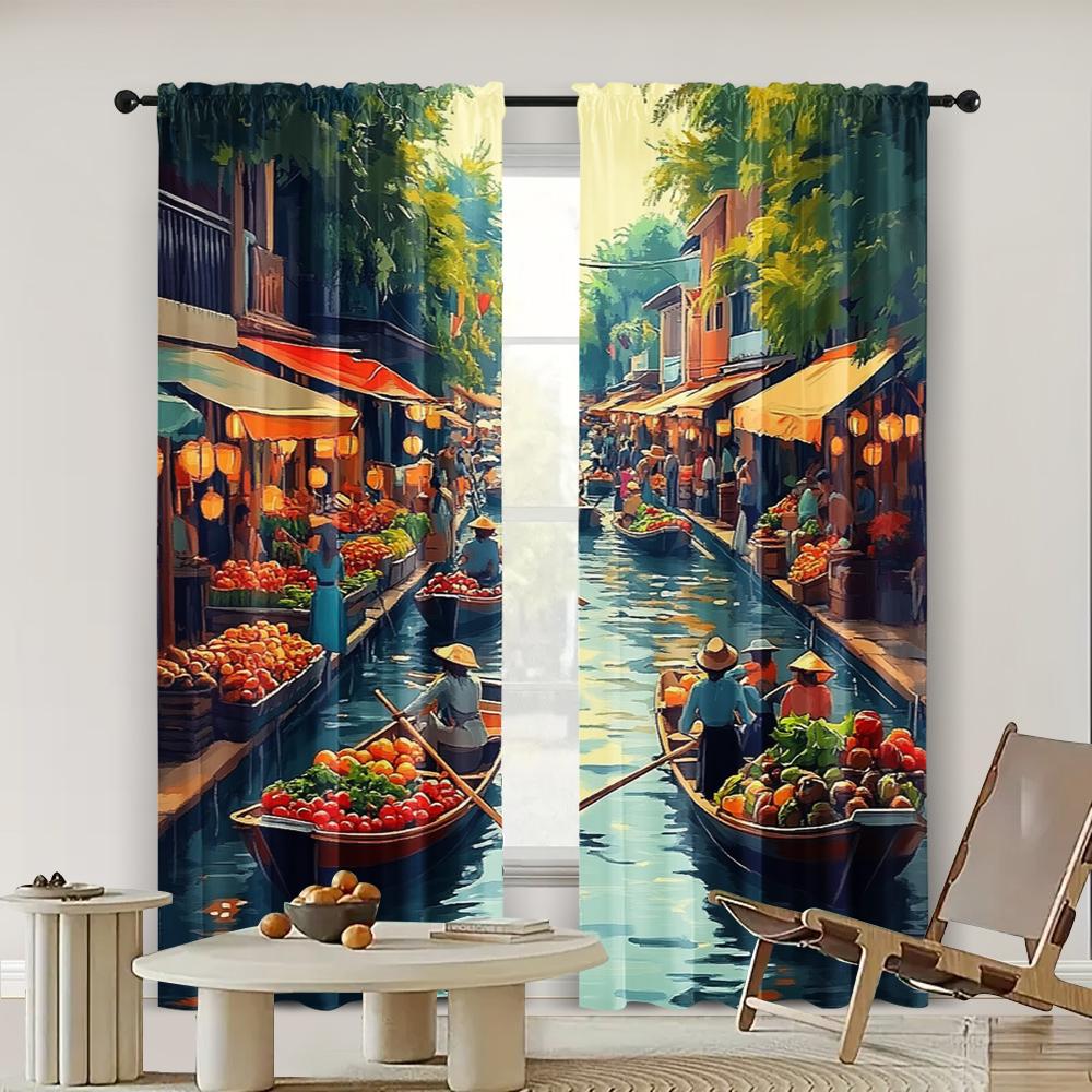 

2 шт., Шторы Таиланд Плавучий рынок Универсальные 100% полиэстер, Без электричества Праздничные фоны для праздничной семейной вечеринки 29x65in(75x166cm)