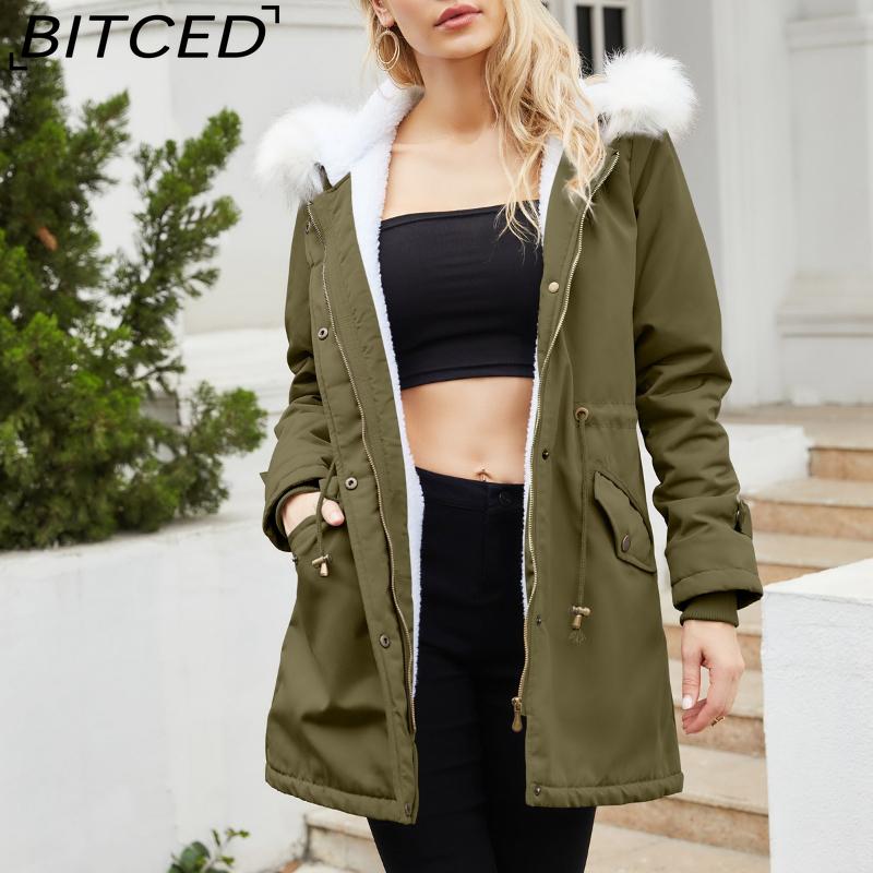 BITCED Autumn/Winter Detachable Fur Collar Women's Parka Long-Sleeved Hooded Cotton Coat Fleece Overcoat