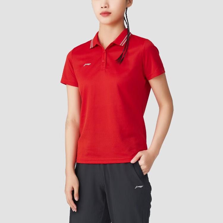 Li Ning Plain Polo Neck Pullover Short Sleeve T-Shirt Women Tops Red APLT078-6