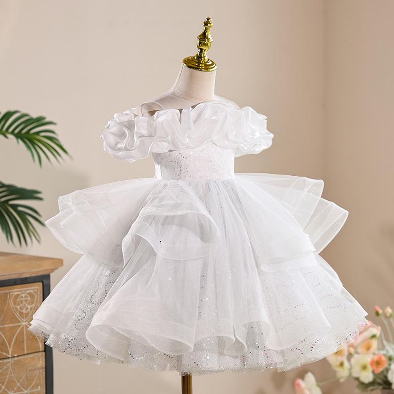 Girls' Formal Flower Girl Princess Dress with Sequined Puffy Skirt - Ideal for Piano Performances