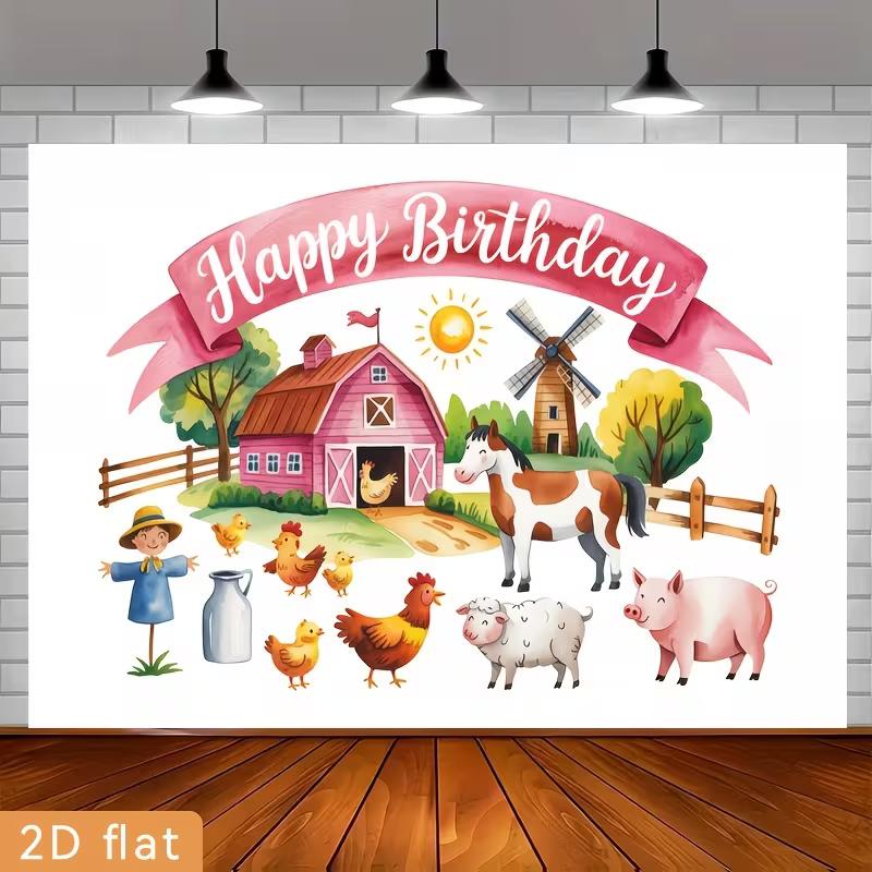 

2D Farm Animal Party Backdrop, 2D Flat Pink Barn & Farm Animals Background for Barnyard Party Decoration 47.2x31.5inch/120*80cm