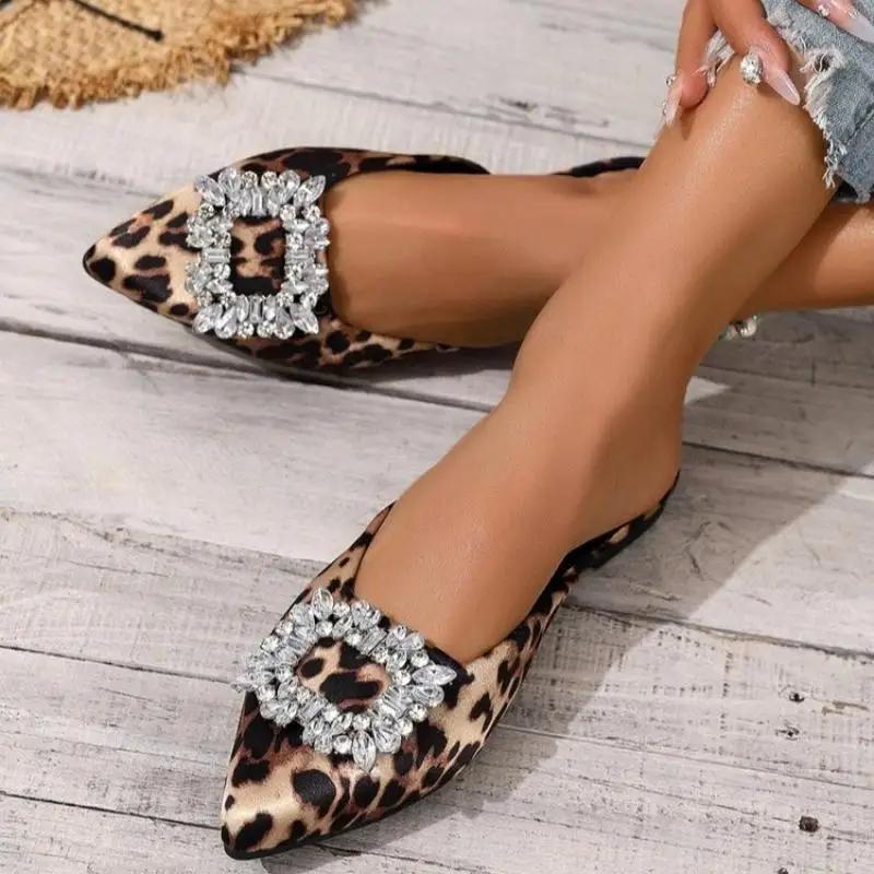 Fashion Sexy Leopard Pointed Toe Slippers Women 2025 Summer Flat Heels big Crystal Buckle Shoes Women Fashion Mules Shoes