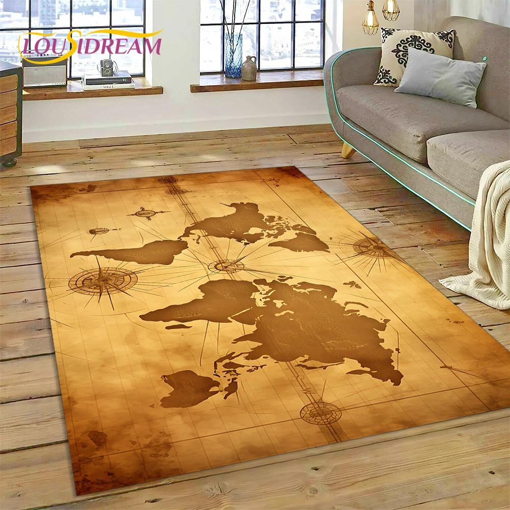 3D Ancient Nautical Chart World Map Compass Carpet Rug for Bedroom Living Room Sofa Decoration,Child Game Large Decor Floor Mat