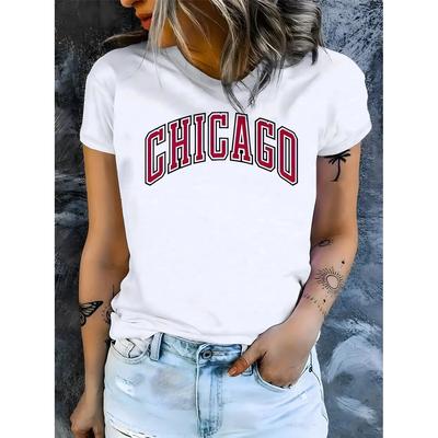 Κομψό T-shirt CHICAGO με Γραφικό και Στρογγυλή Λαιμόκοψη - Γυναικεία Μόδα Casual Κοντομάνικο Καλοκαιρινό T-shirt - Μαλακό, Διαπνέον, Ελαφρύ