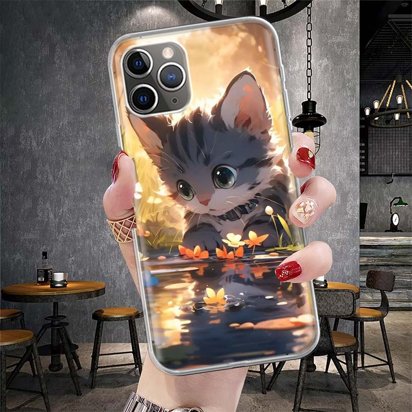 Cartoon Cute Cat Fish Aesthetic Soft Phone Case For IPhone 11 17 Air 16E 16 Pro Max 15 + 14 Plus 13 Mini 12 Apple 7 SE 8 Fundas