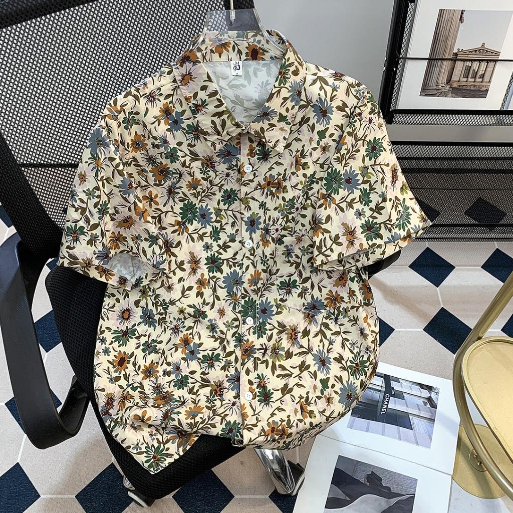 Cuban Collar Thai Beach Floral Shirt Short Sleeve Summer Ice Silk Southeast Asian Clothing Island Vacation Men's Beach Outfit