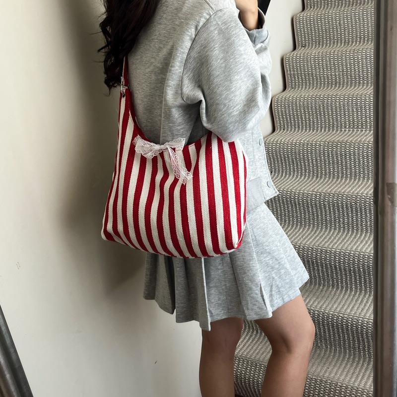 Retro Literary Handbag Women's Small Fresh Striped Shoulder Bag Casual Large Capacity Commuter Canvas Tote Bag