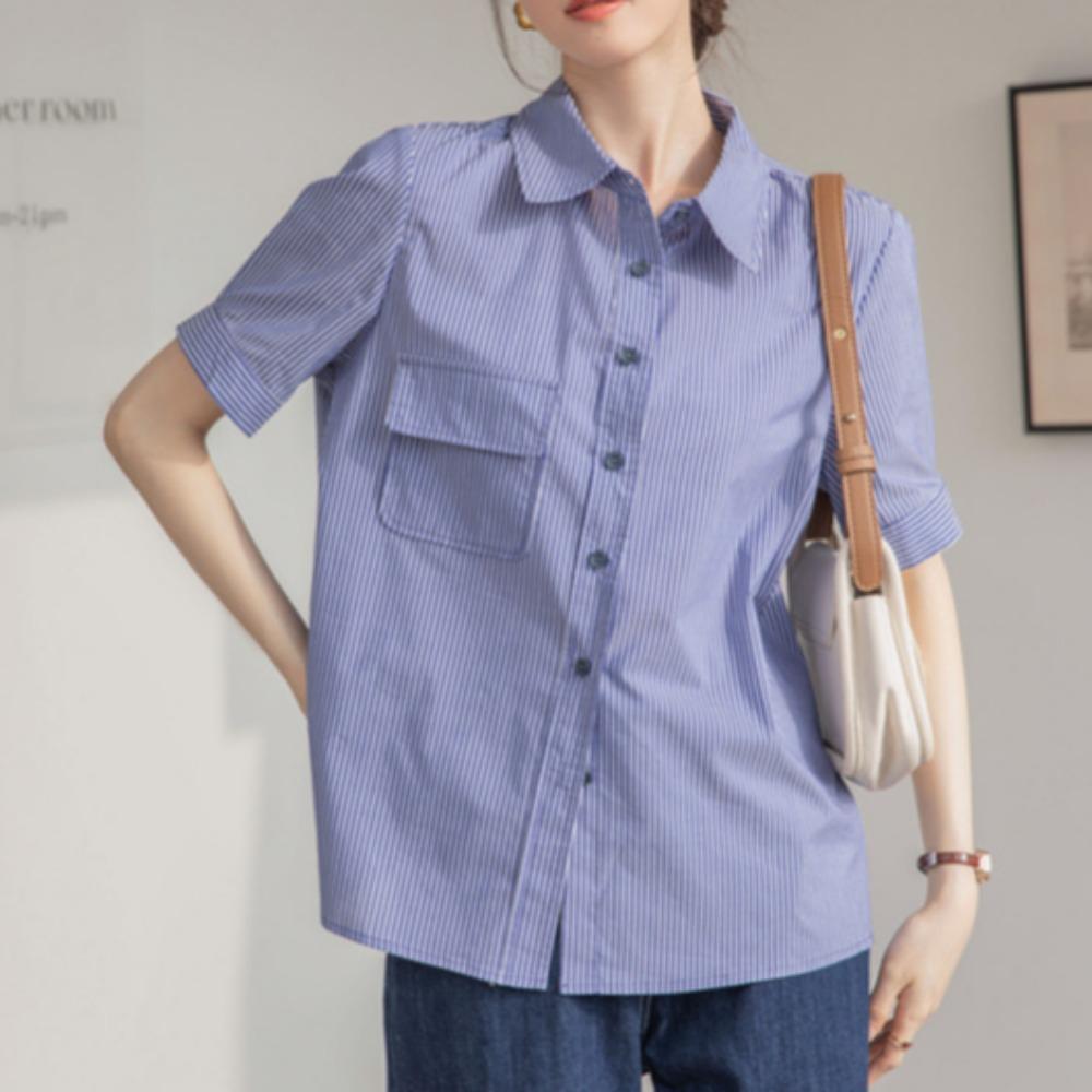 

GMXIA Женская рубашка в синюю полоску с короткими рукавами, женская летняя рубашка для пожилых людей, универсальная рубашка для деловых поездок XXL синий