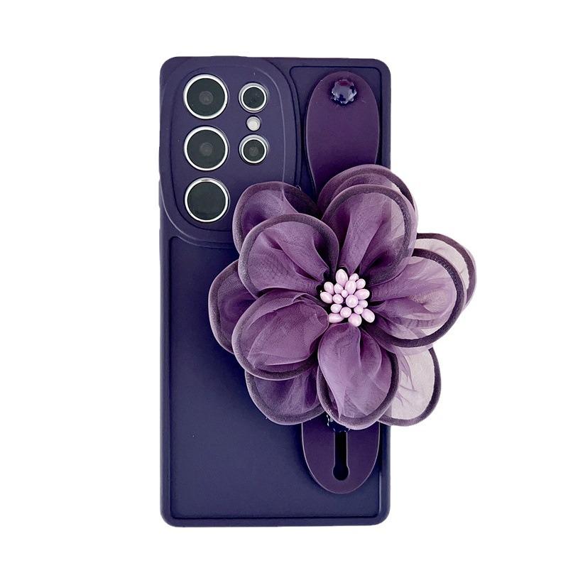 Luxury Dark Purple Ice Velvet Flower Case with Wrist Strap for Samsung S22FE & S23ULTRA