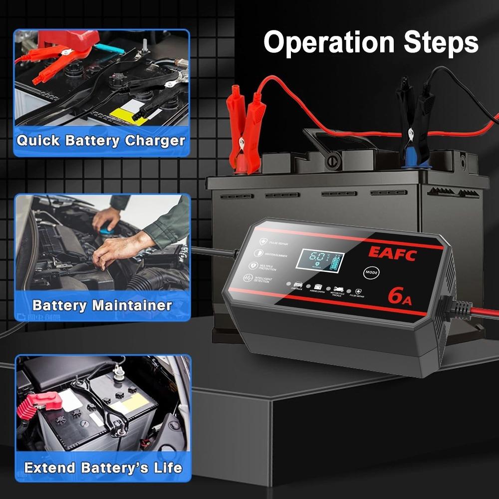 EAFC 12V 6A Smart Battery Charger, Pulse Repair Charger for Car and Motorcycle Lead-Acid Batteries