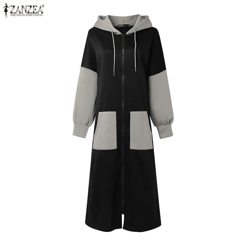 ZANZEA Women Long Sleeve Casual Patchwork Long Hooded Sweatshirts