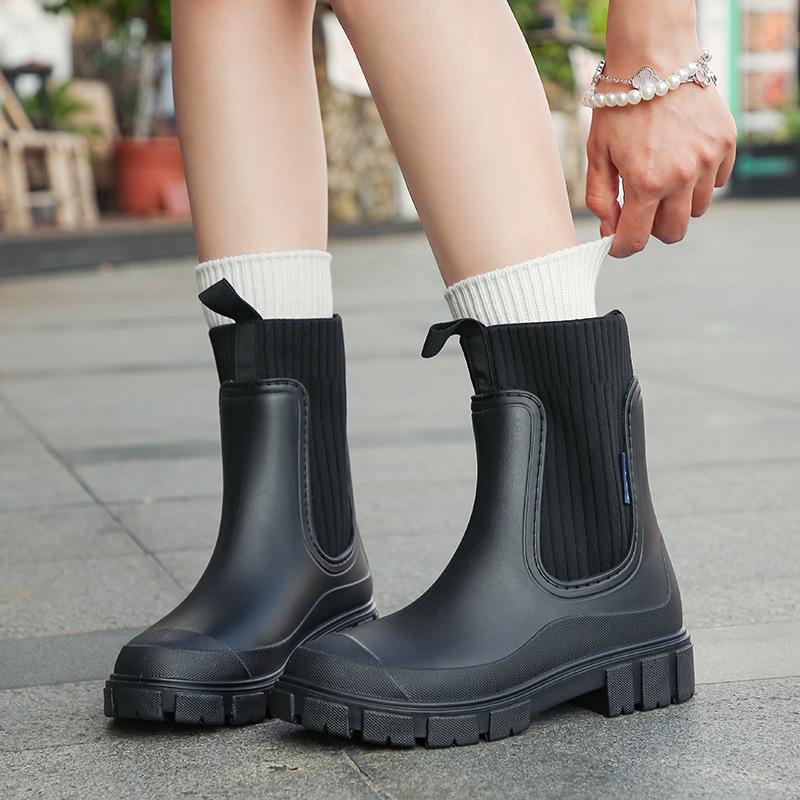 Mittelhohe Regenstiefel mit elastischem Schaft für Damen, Chelsea-Stil, wasserdicht, rutschfest und abriebfest, für den Außenbereich, modische Camping-Regenstiefel