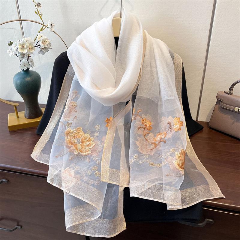 Elegant Long Embroidered Silk Feeling Scarf Women'S Fashion Spring New Style Shawl Wrap Outerwear Trendy Floral Pattern Stylish