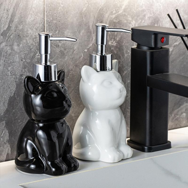 Elegante Keramik-Spenderflasche für Lotion, Handseife und Desinfektionsmittel, nachfüllbarer Behälter mit Katzenmotiv, Haushaltshelfer