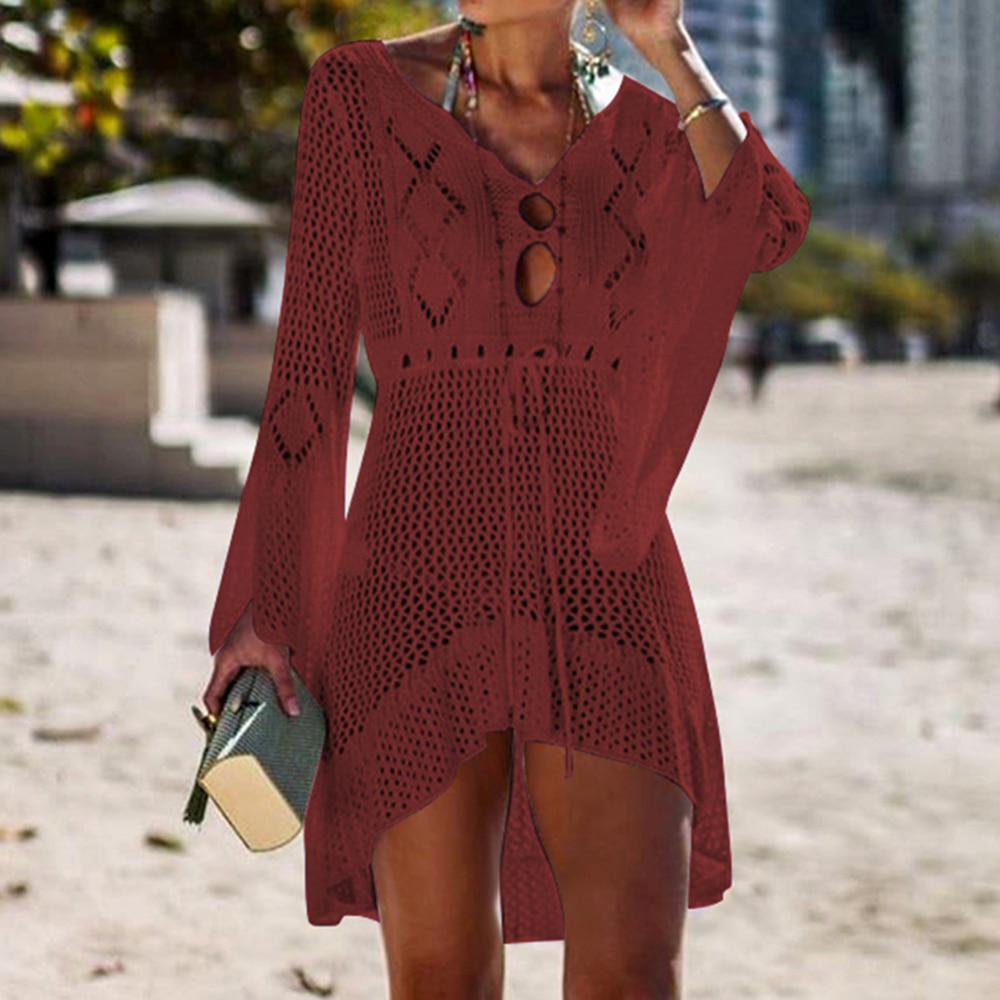 Sexy Knitted Beach Cover Up Tassel Tie Beachwear Tunic Long Pareos Swimsuit Beach Dress Bikini