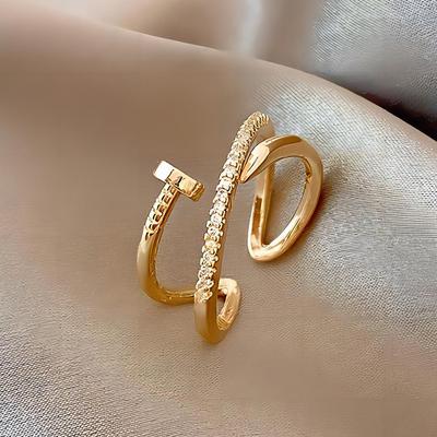 Trendy Nail Copper Zirconia Adjustable Rings For Women Fashion Gold Color Metal Crystal Pin Opening Ring Party Daily Zircon