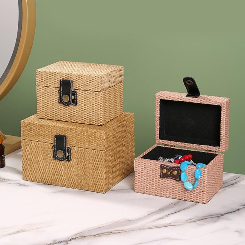 Convenient Travel Storage Box Wicker Pattern Jewelry Presentation Case Multi Functional Wooden Earrings Necklaces Holder