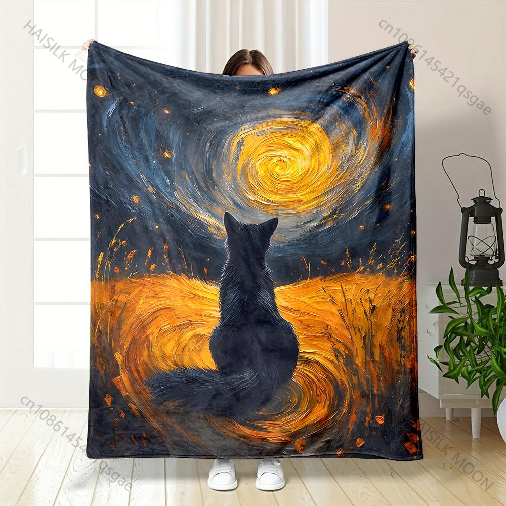 

1PC Black cat gazes at vortex Print Adult Children Warm Blankets Home Travel Car Soft and Comfortable Suitable for all seasons 75x90cm