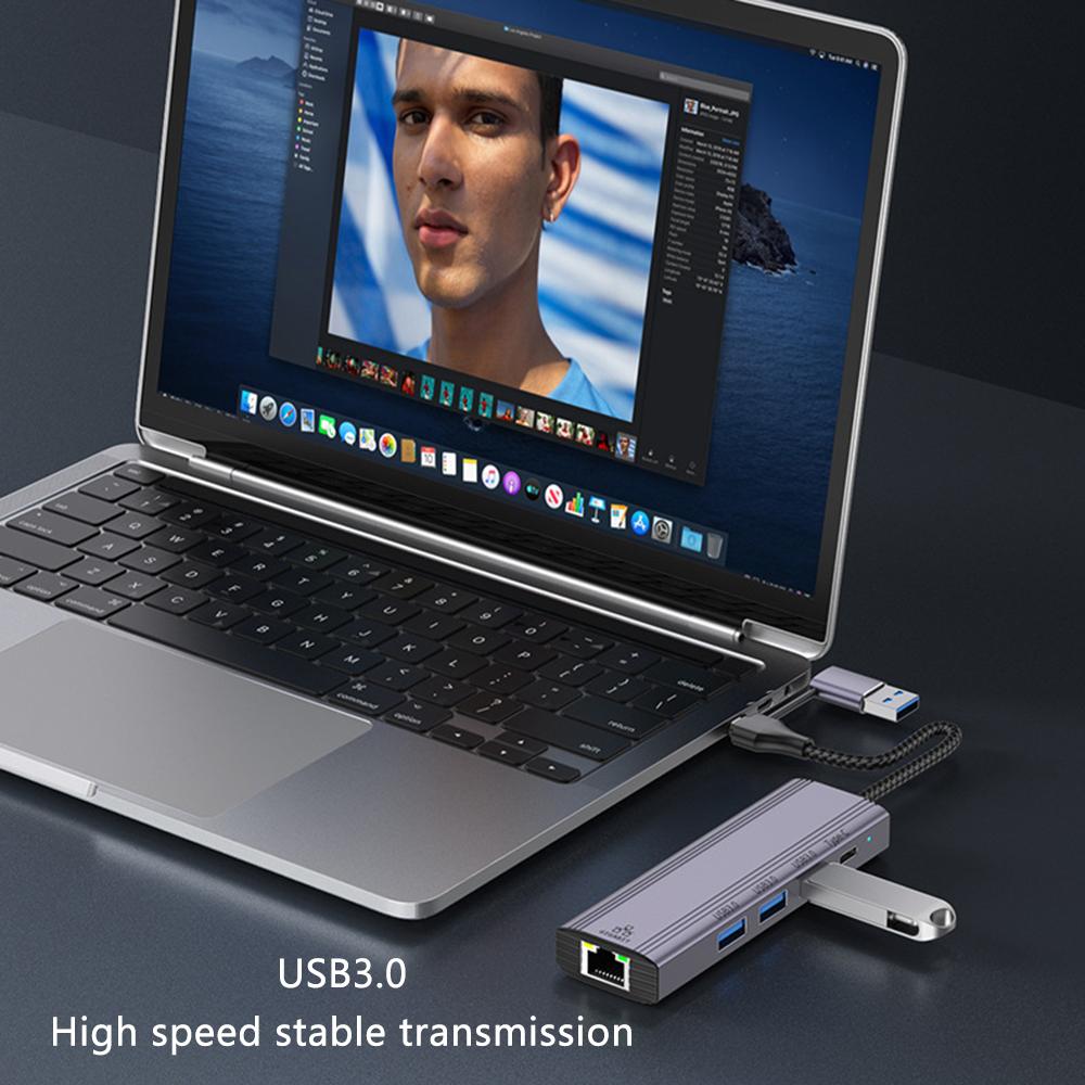 T513 Docking Station USB/Type-C To USB3.0x3+USB-C+Gigabit Laptop Adapter
